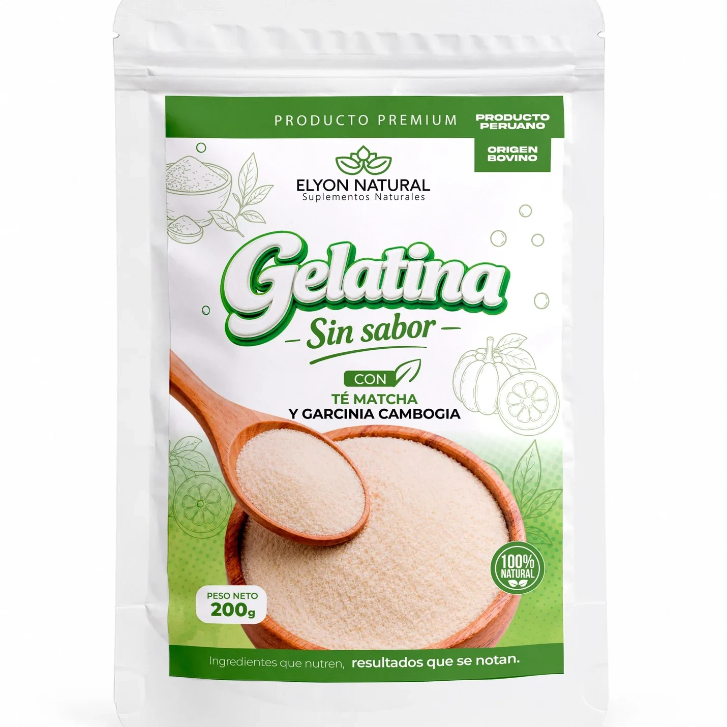 Gelatina sin sabor con Té Matcha y Garcinia Cambogia 200 g, imagen 1