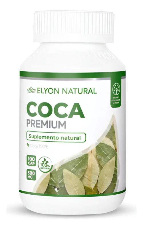 Frasco de Coca Premium Elyon Natural con 100 cápsulas energizantes naturales de hoja de coca andina para mal de altura y vitalidad.