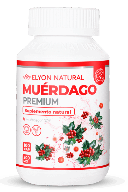 Frasco de Muérdago Premium Elyon Natural 100 cápsulas para control de presión arterial y soporte inmunológico.