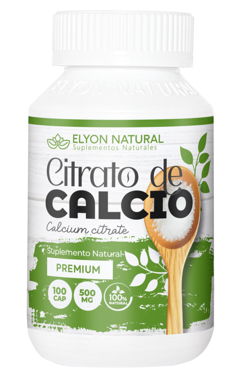 Frasco de Citrato de Calcio Premium Elyon Natural con 100 cápsulas para fortalecer huesos y prevenir la osteoporosis.