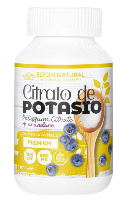 Frasco de Citrato de Potasio Elyon Natural con 100 cápsulas para salud renal y equilibrio electrolítico natural.