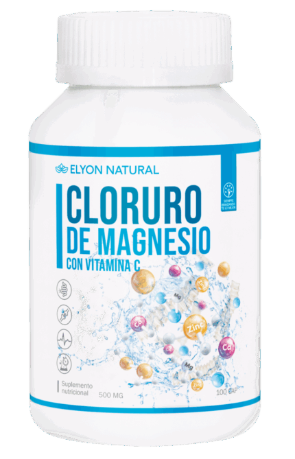 Frasco de Cloruro de Magnesio con Vitamina C Elyon Natural con 100 cápsulas para calambres, articulaciones y energía natural.