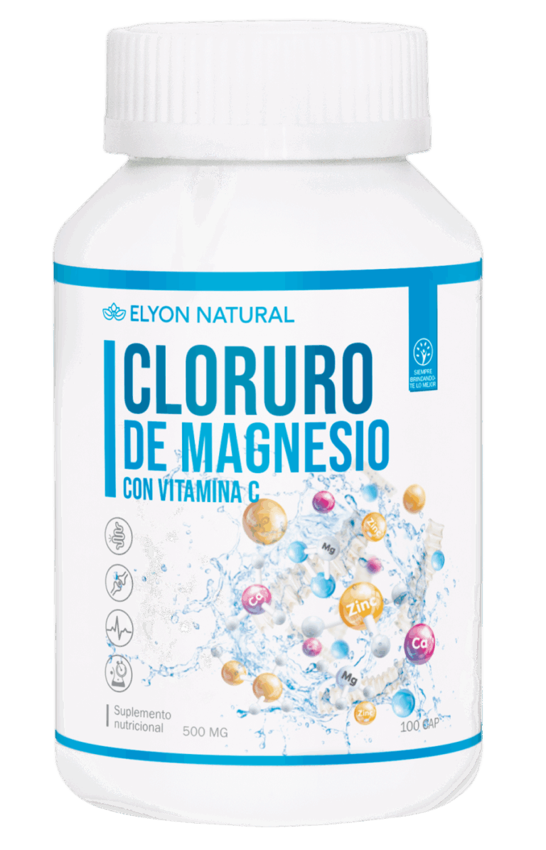 Frasco de Cloruro de Magnesio con Vitamina C Elyon Natural con 100 cápsulas para calambres, articulaciones y energía natural.