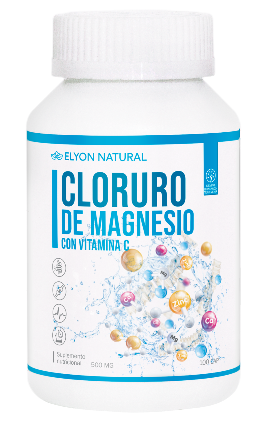Cloruro de Magnesio con Vitamina C Elyon Natural – Suplemento para calambres y energía Frasco de Cloruro de Magnesio con Vitamina C Elyon Natural con 100 cápsulas para calambres, articulaciones y energía natural.