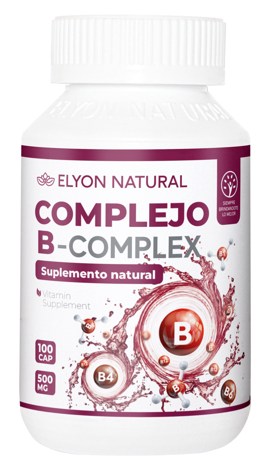 Complejo B – Complex Elyon Natural – Energía, metabolismo y bienestar integral Frasco de Complejo B – Complex Elyon Natural con 100 cápsulas para energía, metabolismo y sistema nervioso.