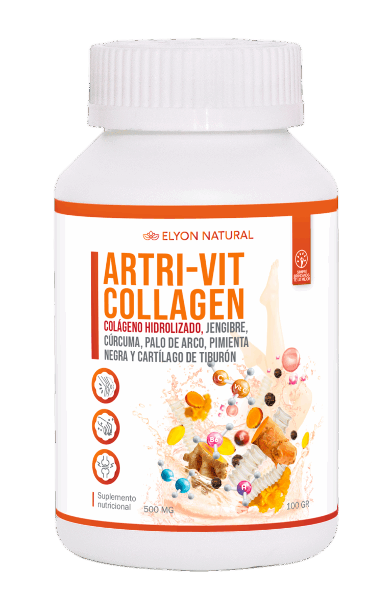 Frasco de Artri-Vit Collagen Elyon Natural con 100 cápsulas de colágeno, jengibre y cartílago de tiburón para articulaciones y movilidad.