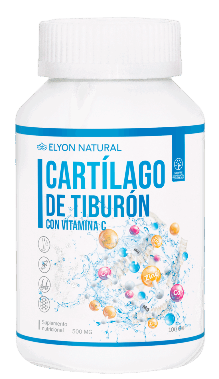 Frasco de Cartílago de Tiburón con Vitamina C Elyon Natural 100 cápsulas para fortalecer articulaciones y aliviar el dolor articular.