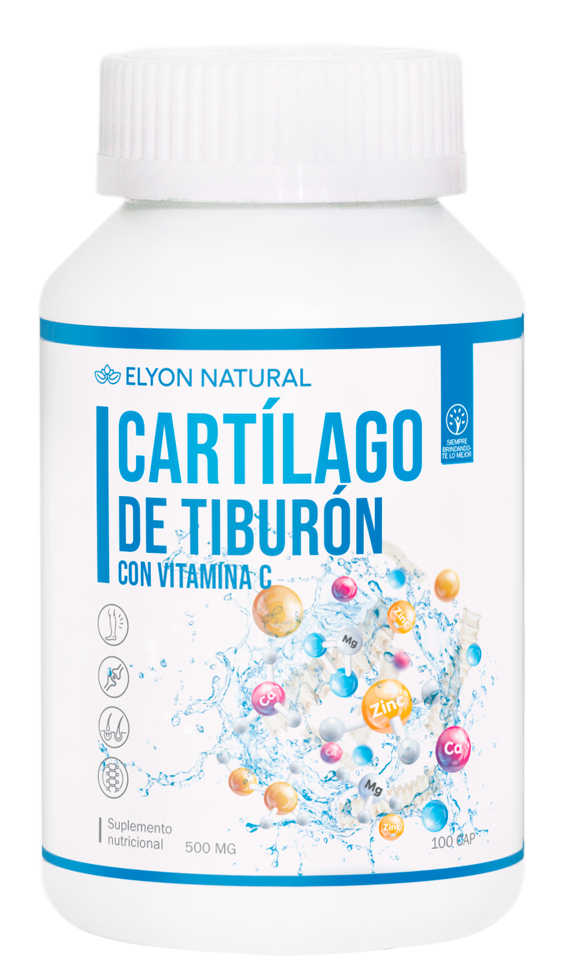 Cartílago de Tiburón con Vitamina C Elyon Natural – Suplemento para articulaciones y huesos Frasco de Cartílago de Tiburón con Vitamina C Elyon Natural 100 cápsulas para fortalecer articulaciones y aliviar el dolor articular.