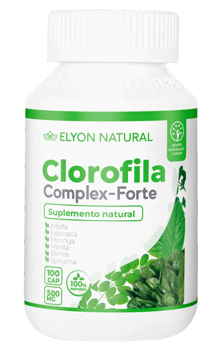 Frasco de Clorofila Complex Forte Elyon Natural con 100 cápsulas, suplemento detox natural con alfalfa, moringa, espinaca, menta, berros y spirulina.