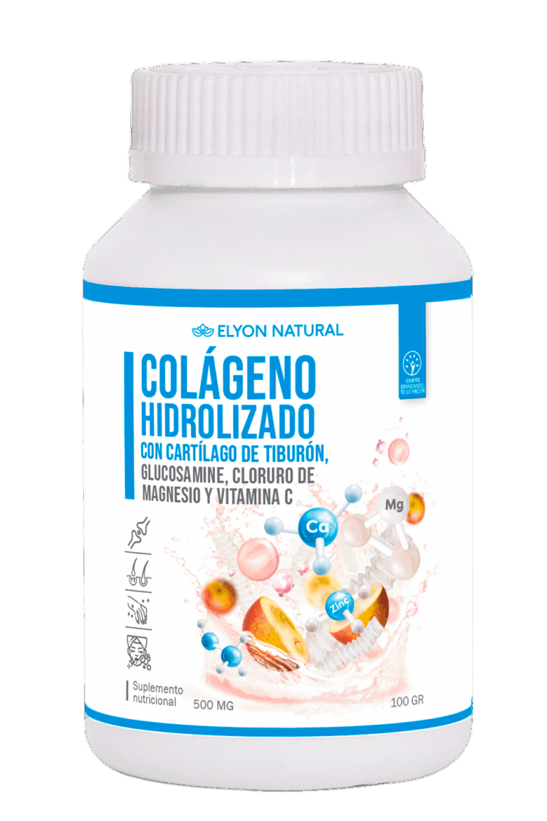 Frasco de Colágeno Hidrolizado Elyon Natural con cartílago de tiburón, glucosamina, magnesio y vitamina C para articulaciones fuertes y flexibles.