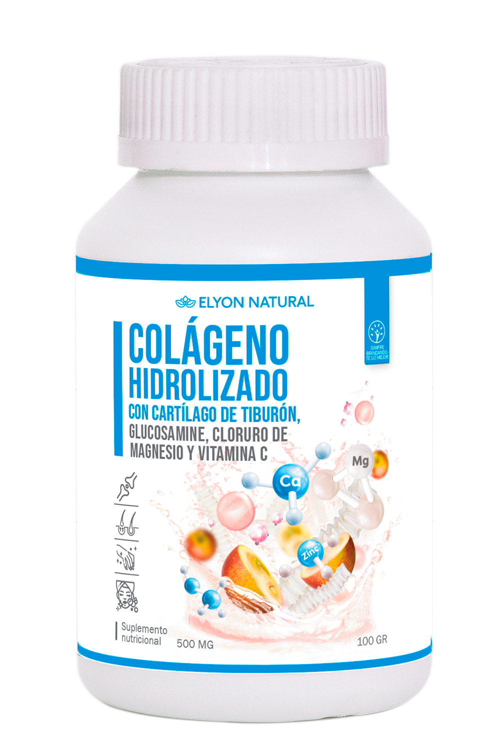 Colágeno Hidrolizado Elyon Natural – Articulaciones fuertes con cartílago de tiburón y glucosamina Frasco de Colágeno Hidrolizado Elyon Natural con cartílago de tiburón, glucosamina, magnesio y vitamina C para articulaciones fuertes y flexibles.