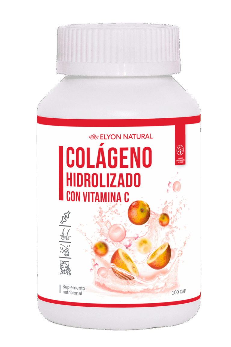 Frasco de Colágeno Hidrolizado con Vitamina C Elyon Natural de 100 cápsulas para piel, articulaciones y huesos.