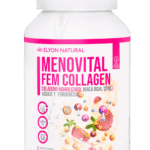 Frasco de Menovital Fem Collagen Elyon Natural con 100 cápsulas de colágeno, maca roja, aguaje y soya para mujeres y menopausia.