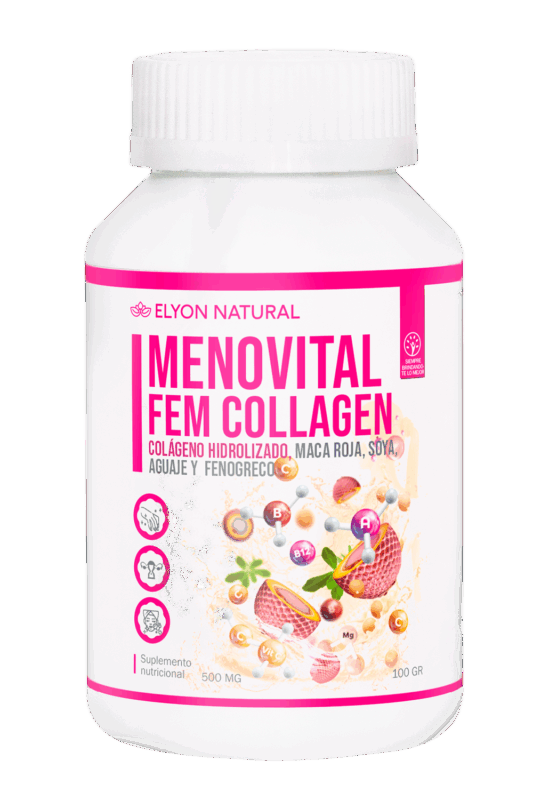 Frasco de Menovital Fem Collagen Elyon Natural con 100 cápsulas de colágeno, maca roja, aguaje y soya para mujeres y menopausia.