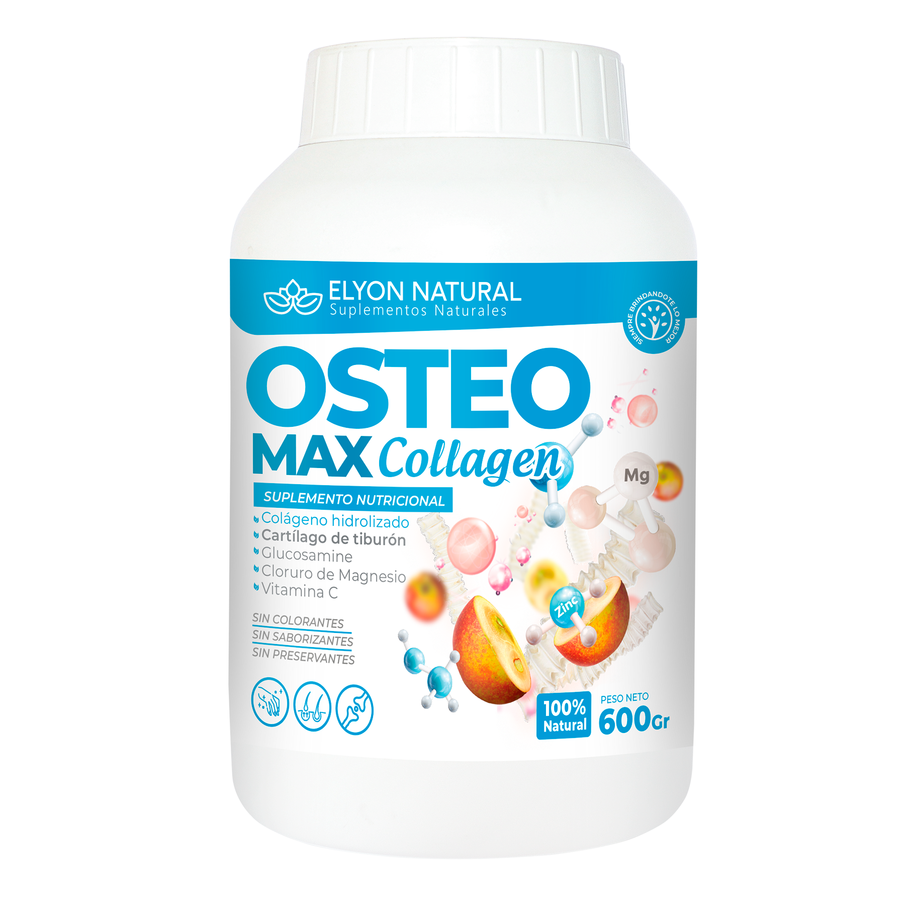 osteo max colagen colágeno hidrolizado cartílago de tiburón glucosamina magnesio vitamina C Elyon Natural 600gr Osteo Max Collagen 600g – Colágeno Hidrolizado + Cartílago de Tiburón, Glucosamina, Magnesio y Vitamina C | Elyon Natural - Imagen 1
