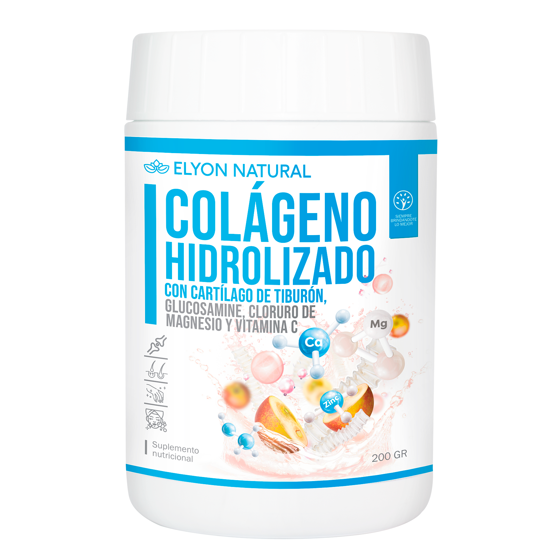 suplemento articular natural Elyon 200g”, “colágeno glucosamina vitamina C Elyon Colágeno Hidrolizado + Cartílago de Tiburón, Glucosamina, Magnesio y Vitamina C – Frasco 200g | Elyon Natural - Imagen 1