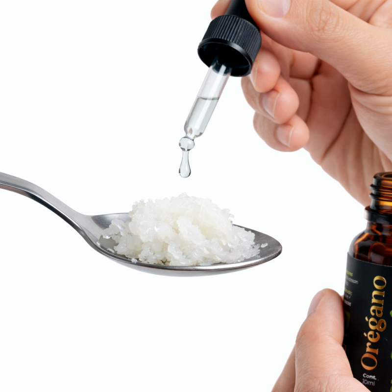 Aceite de orégano Elyon Natural aplicando gotas en cuchara con aceite de coco sólido en Perú