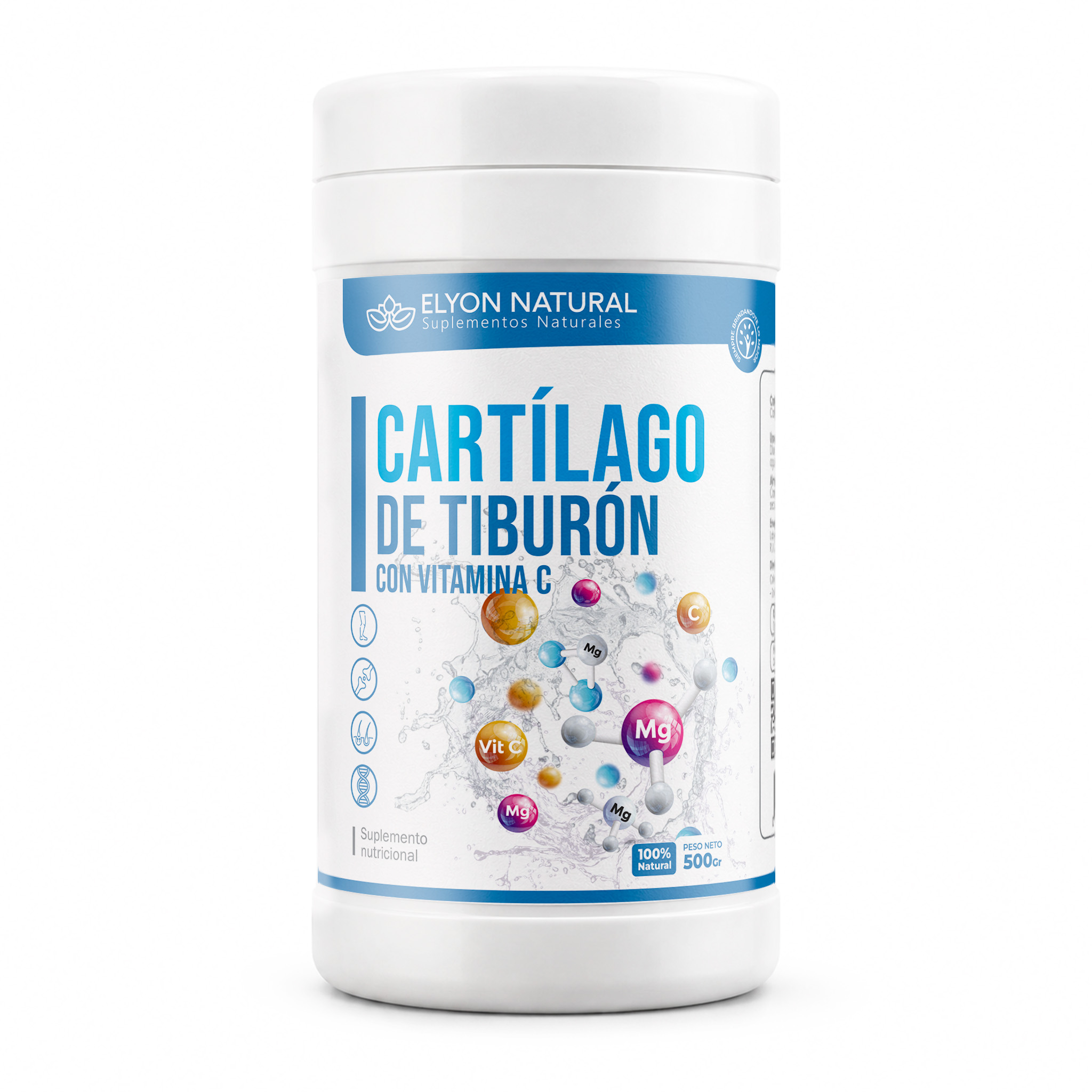 Cartilago de Tiburon con Vitamina C Elyon Natural frasco grande de 500g suplemento articular empaque frontal Cartílago de Tiburón con Vitamina C 500g | Elyon Natural - Imagen 1