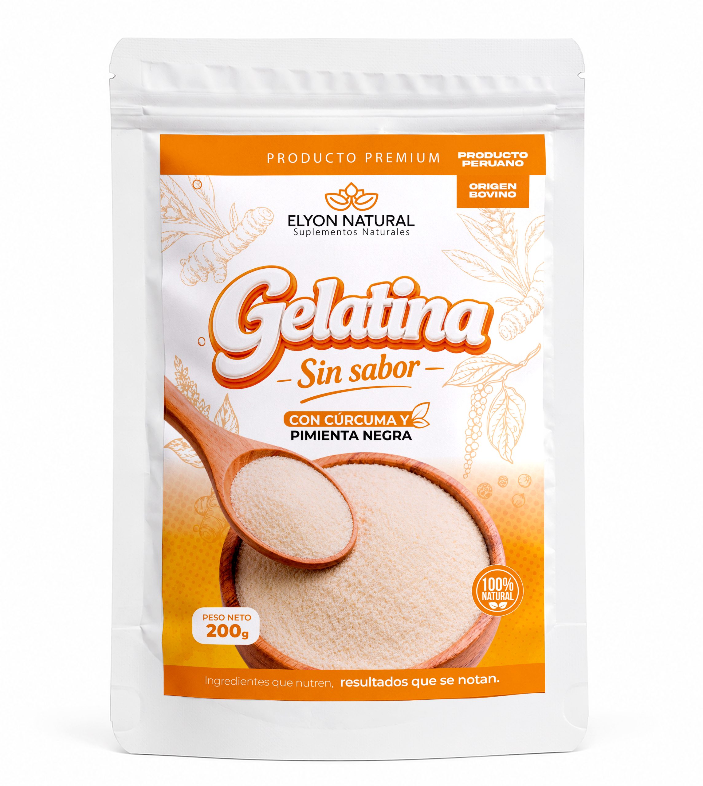 Gelatina con cúrcuma y pimienta negra Elyon Natural Gelatina sin sabor con cúrcuma y pimienta negra Elyon Natural de 200 g