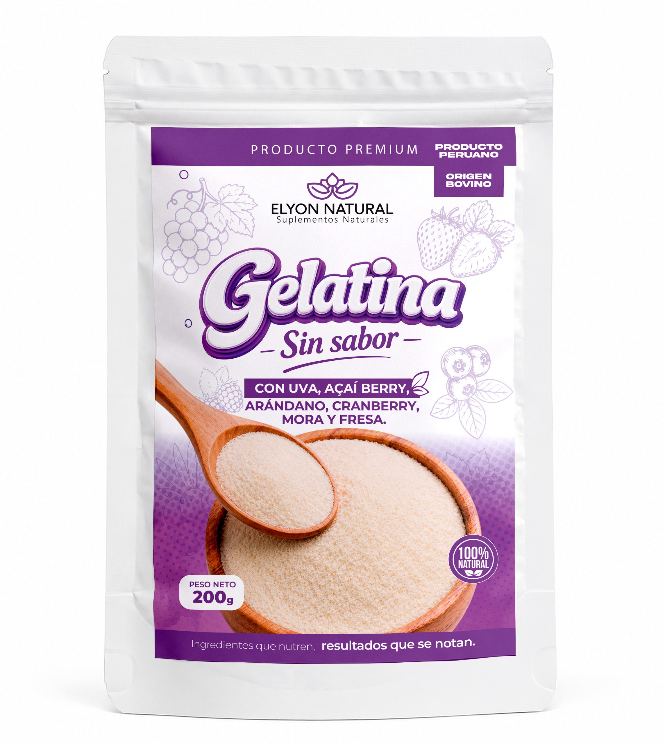 gelatina-sin-sabor-frutos-rojos-200g-elyon-natural Gelatina sin sabor con Uva, Açaí Berry, Arándano, Cranberry, Mora y Fresa 200 g - Imagen 1