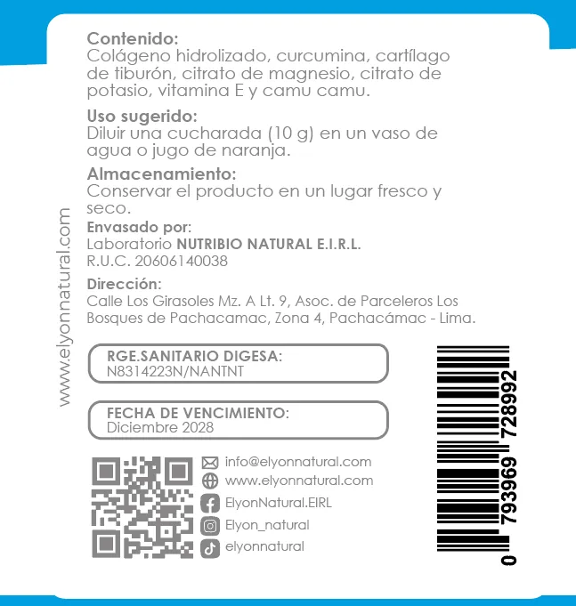 Colágeno Hidrolizado + Cartílago de Tiburón, Glucosamina, Magnesio y Vitamina C – Frasco 200g | Elyon Natural, imagen 2