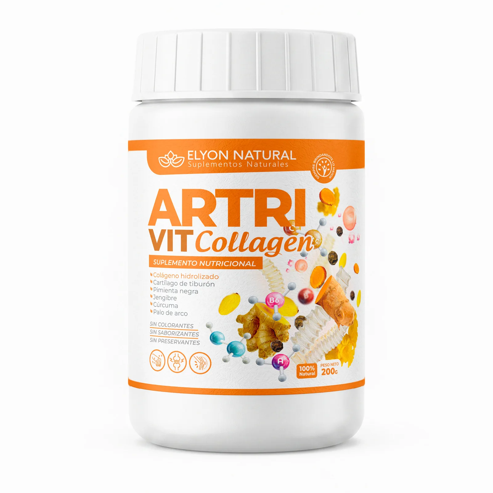 Artri-Vit Collagen – Colágeno Hidrolizado con Jengibre, Palo de Arco, Pimienta Negra y Cartílago de Tiburón – Frasco 200g | Elyon Natural, imagen 2