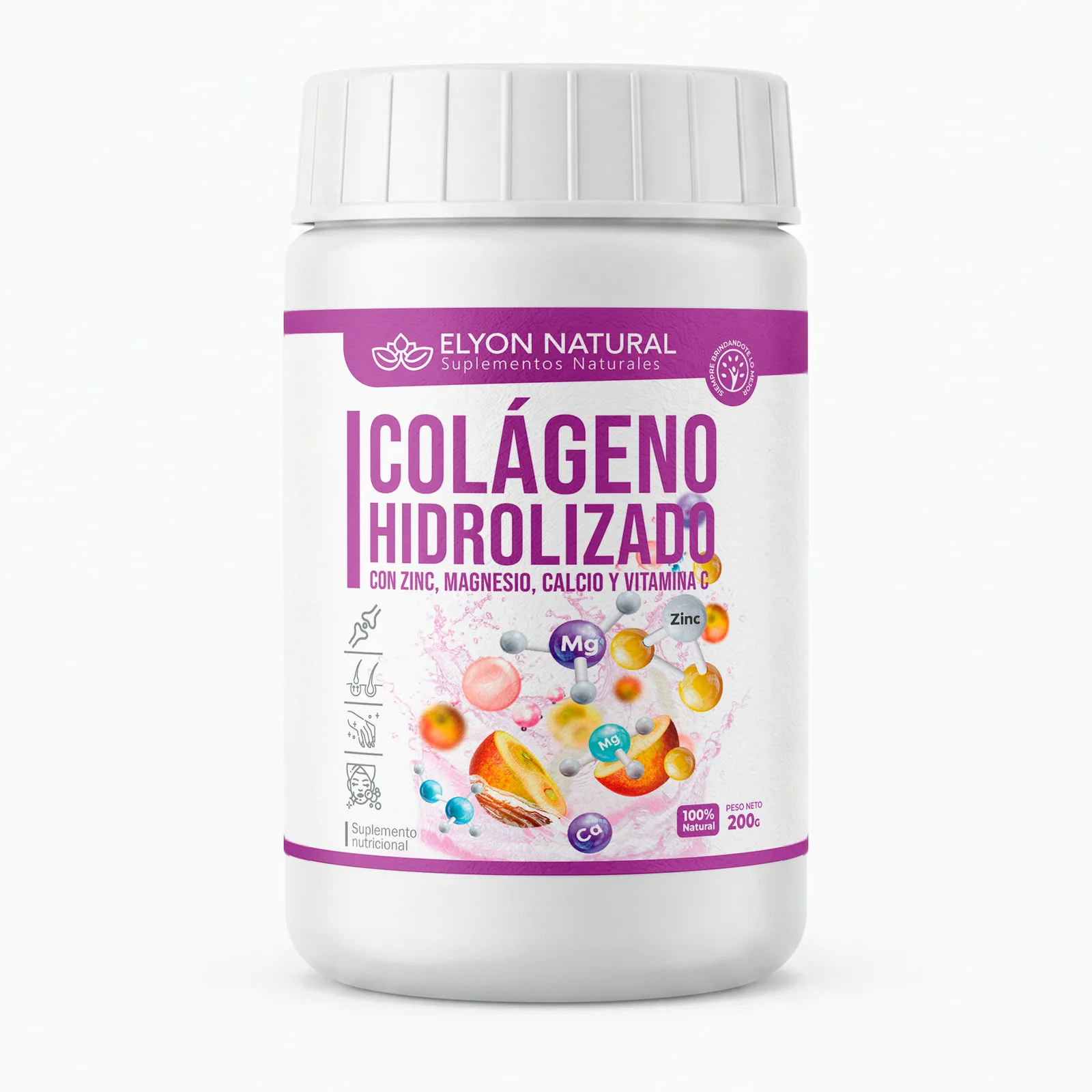 Colágeno Hidrolizado + Calcio, Zinc, Magnesio y Vitamina C 200g – Fortalece Huesos, Articulaciones y Piel | Elyon Natural, imagen 1
