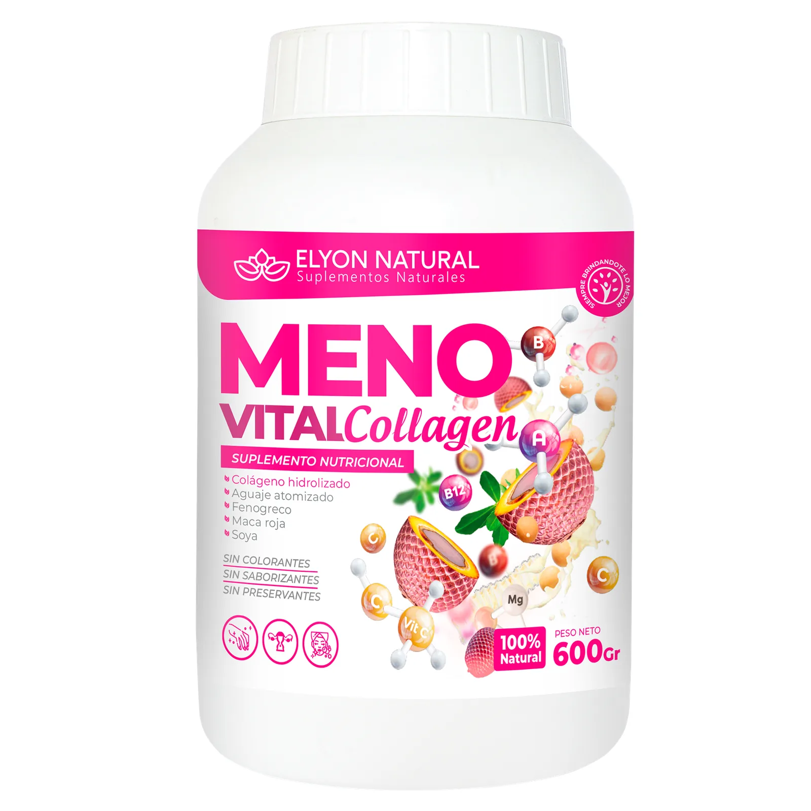 Menovital Fem Collagen – Colágeno Hidrolizado con Maca Roja, Aguaje, Soya y Fenogreco – Frasco 600g | Elyon Natural, imagen 1
